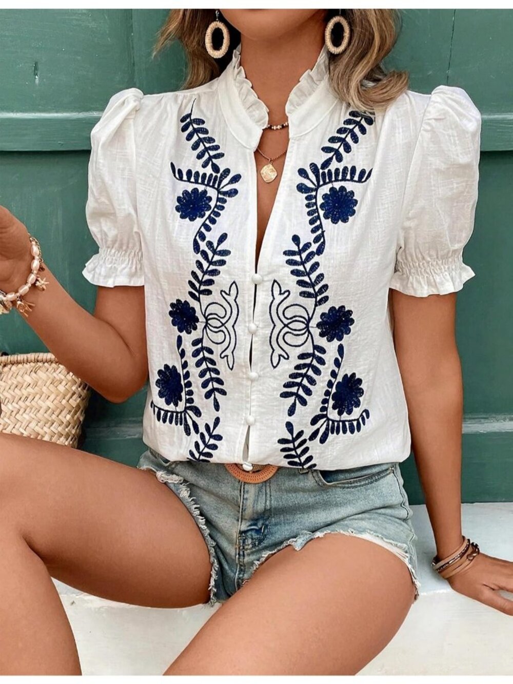 Women's Summer Top Ruffle V Neck Navy White Puff Short Sleeve Button Down Blouse - Picture 5 of 7